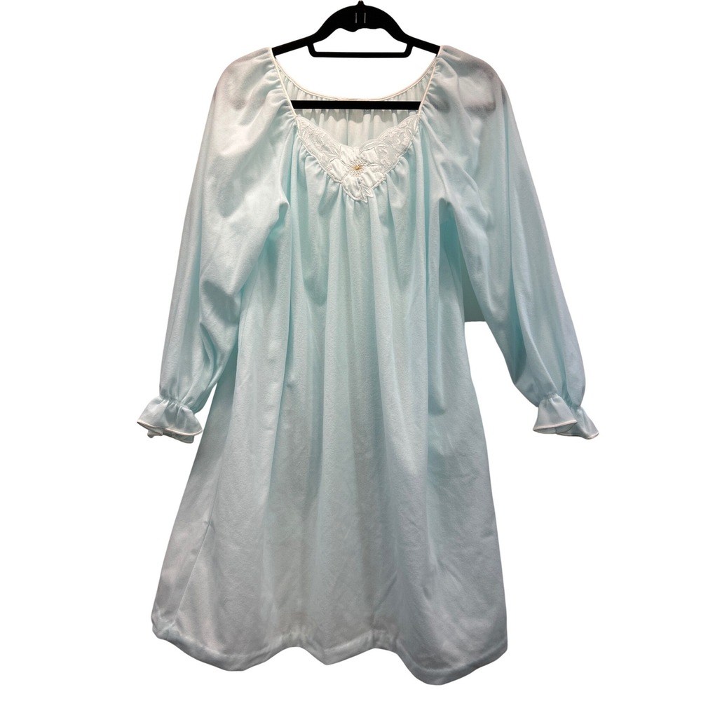 Miss Elaine Nightgown‎ Womens M Blue Lace Trim Ruffle LS Retro Feminine Vintage